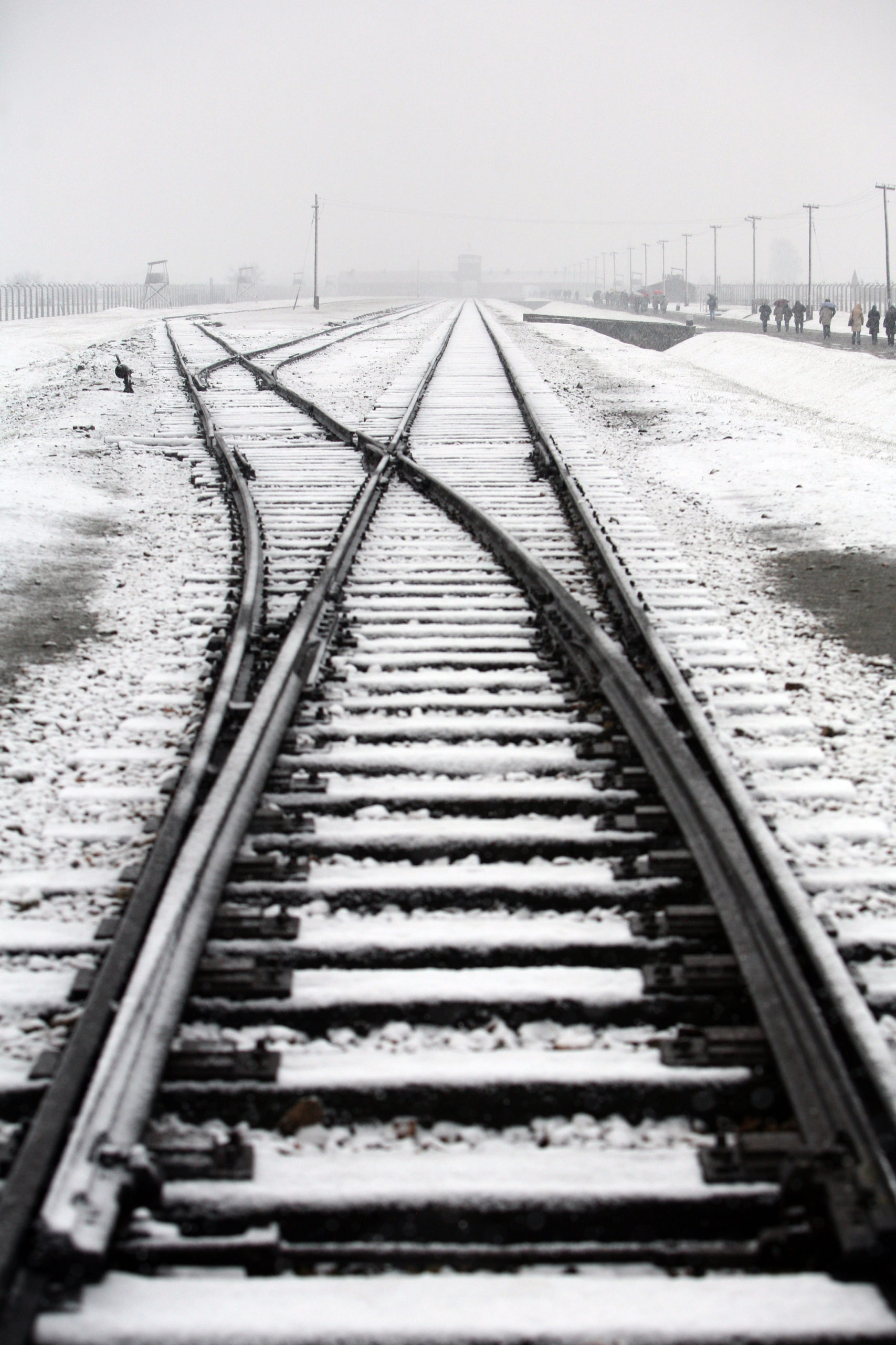 Photo of snow-covered rails of Auschwitz-Birkenau taken by Jaroslaw Praszkiewicz.